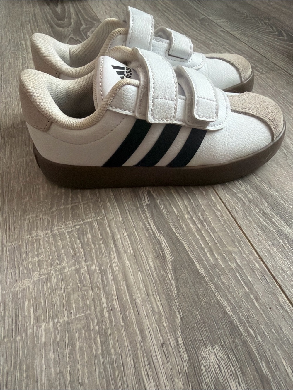 adidas Kids White Sneakers with Black Stripes and Brown Sole
